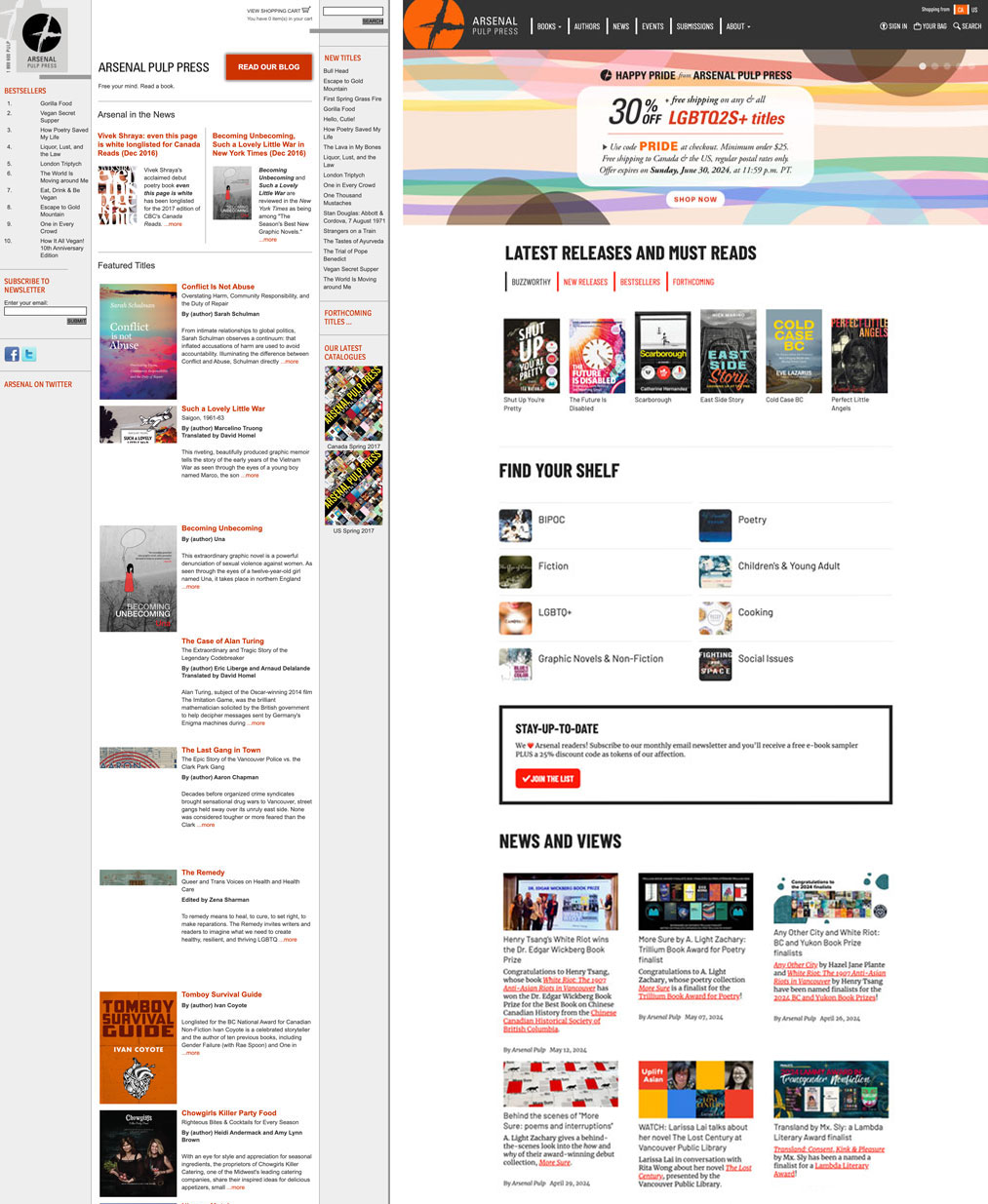 Screenshots of the old and new Arsenal Pulp Press sites